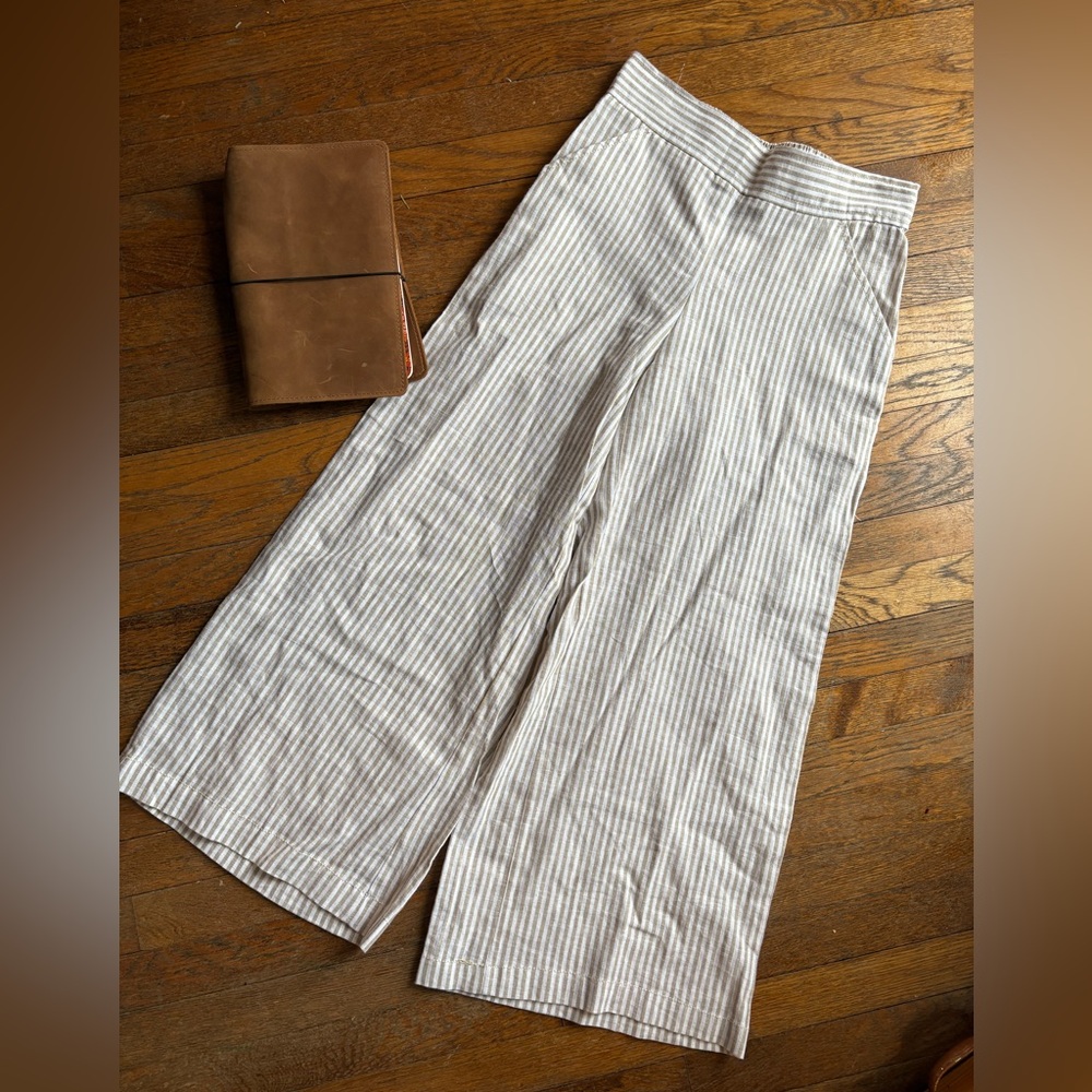 Linen Cotton Blend White and Beige Striped Wide-Leg Pants Size XS